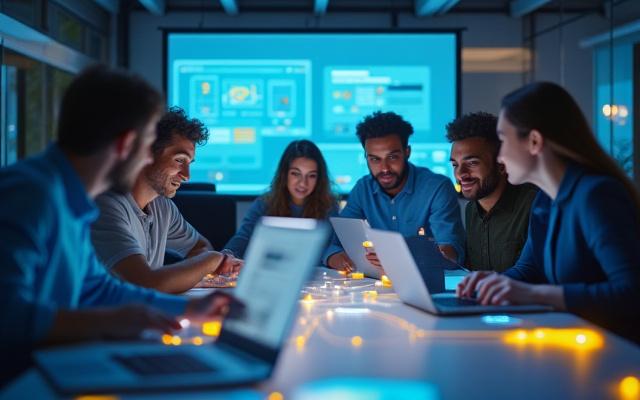 Team arbeitet an einer No-Code Builder Plattform, Fokus auf digitale Transformation