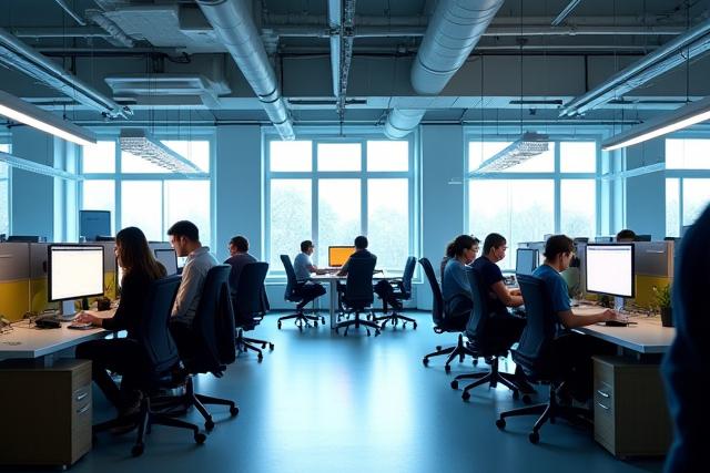 Blick auf das moderne Büro von Sonntröpf in Wien mit Teammitgliedern, die an Desktops arbeiten.